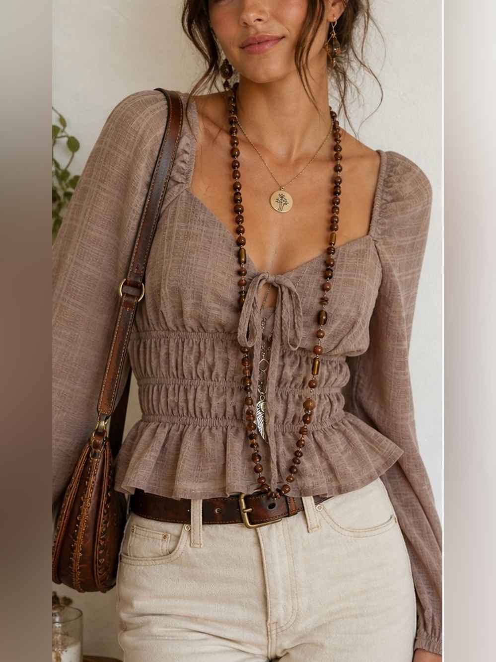 Dizzy Lizzy Taupe Peplum Blouse Boho Tie Front Smocked Waist Puff Sleeve Top | M